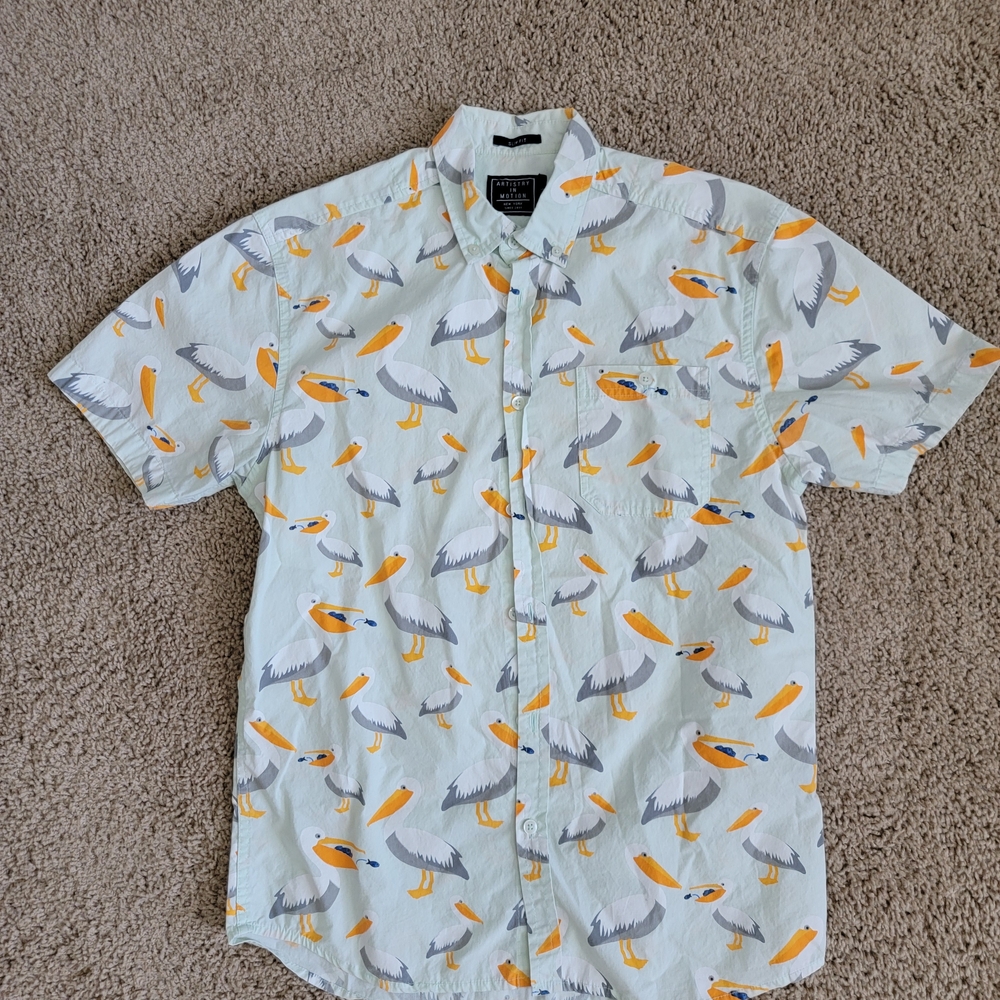 Casual Short Sleeve Button Down Shirt with Pelican Pattern